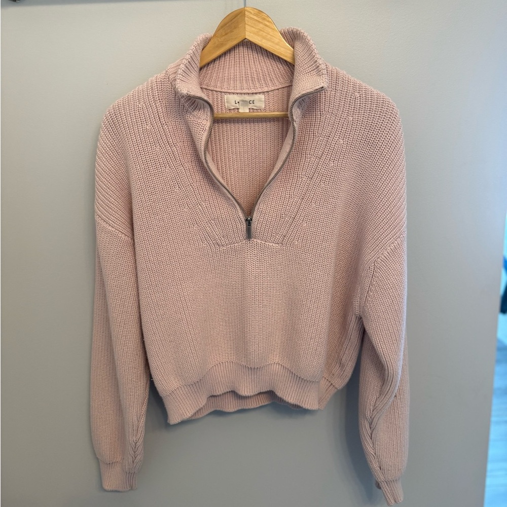 L*Space Cropped Half Zip Sweater Rib Knit Blush Pink Size M